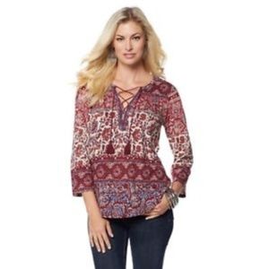 Lucky Brand Lace Up Boho Peasant Top